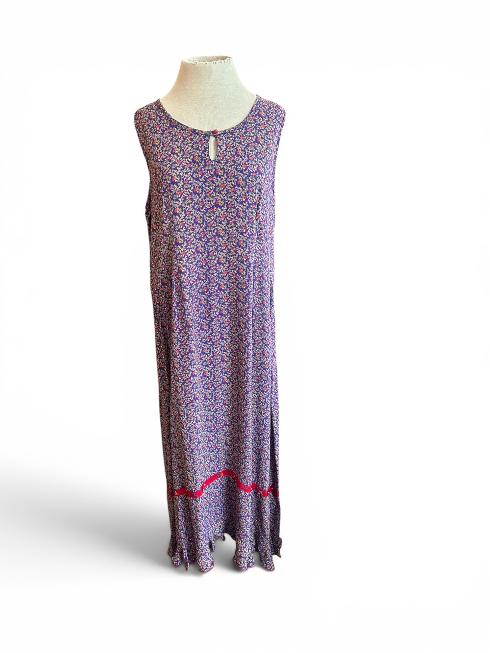 April Cornell Vintage  Purple Floral Maxi Dress with Pink Hem Accent L